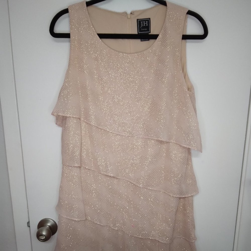 JH Evenings Light Pink Sparkling Gold Glitter Ruffle Sleeveless Dress Size 10